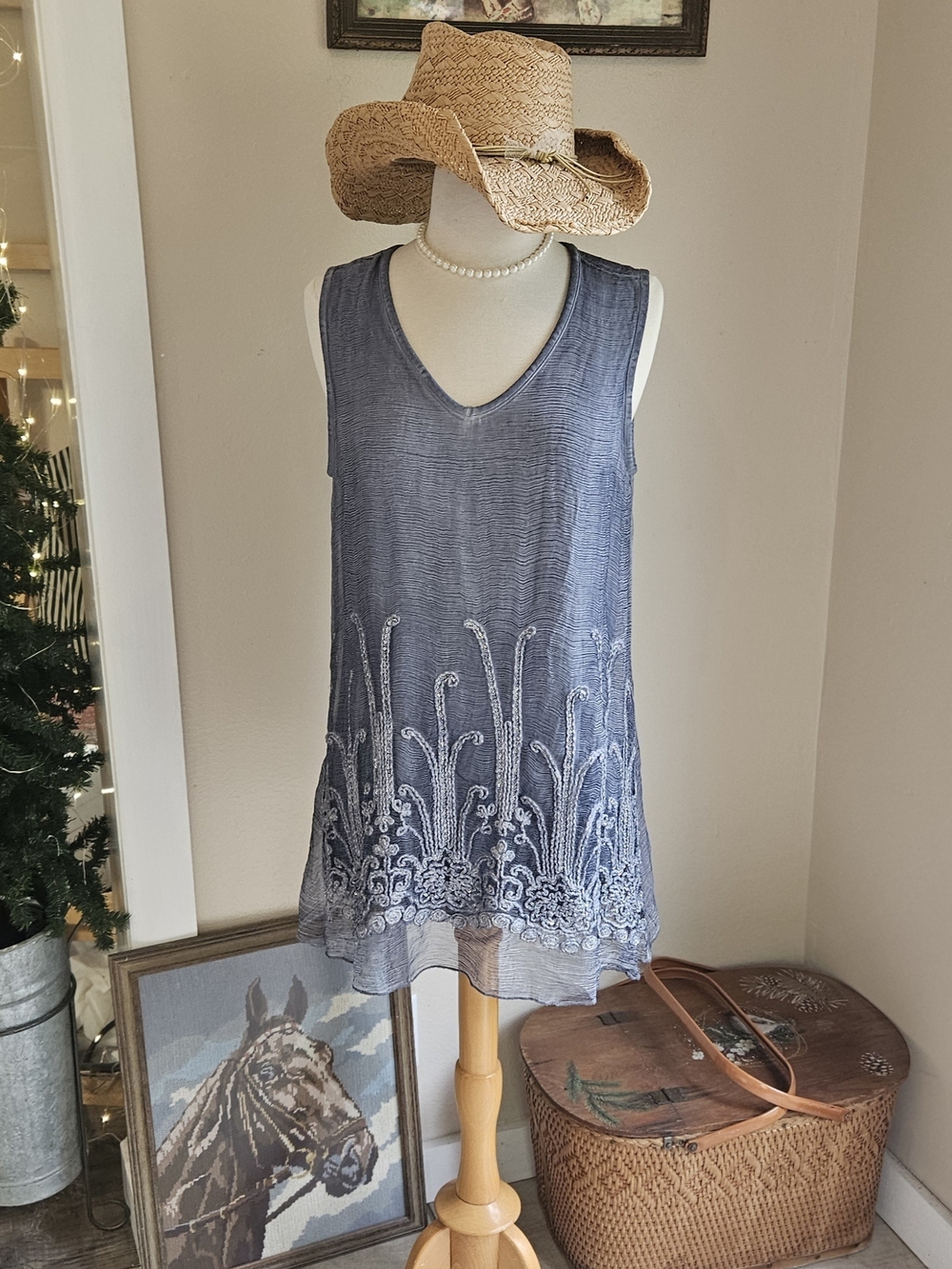 Lovely Intricately Embroidered Blue V-Neck Tunic Top